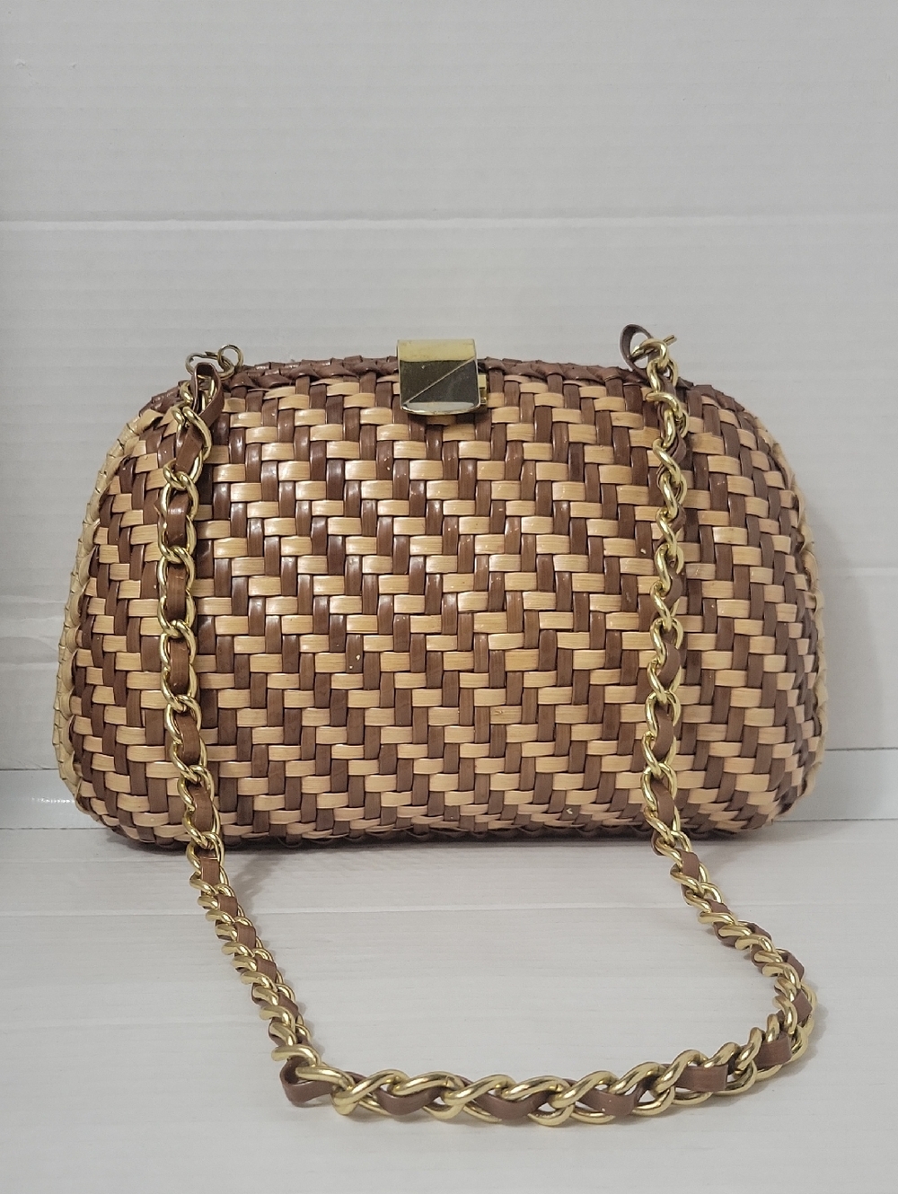 Woven Brown and Tan Chain Shoulder Bag